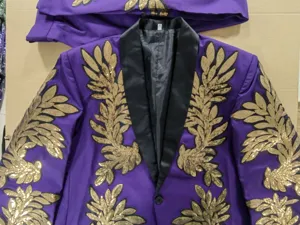 Hombres blazer lentejuelas violeta bordado hoja de oro escenario rendimiento fiesta traje