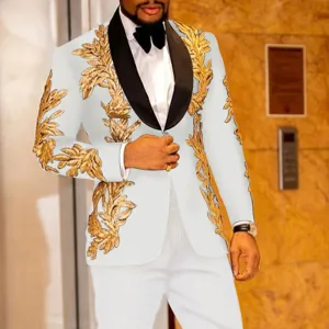 Conjunto Traje Blazer Estampado Barroco Oro Blanco Hombre Lujo Escenario Espectáculo Top