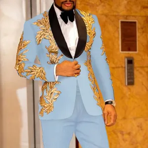 Traje azul claro para hombre con estampado barroco dorado solapa chal blazer de lujo
