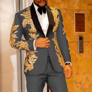 Elegante chaqueta de esmoquin para hombre con bordado floral dorado y solapa de chal negra fiesta.