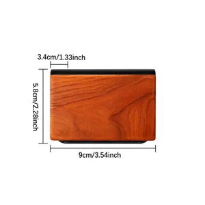 Car aromatherapy diffuser detail view showing compact wooden texture shell and exact dimensions.