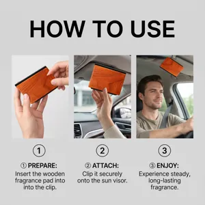 Car air freshener wooden clip detail view showing easy three step installation guide.