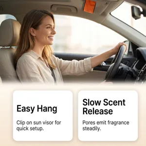 Detail scene showing wooden car air freshener clip installed on sun visor for interior freshness.