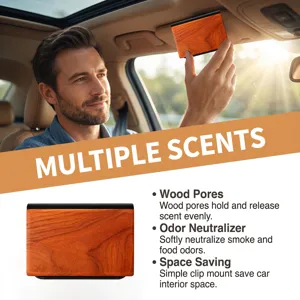 Car air freshener detail showing wood grain clip mount and natural scent diffusing pores.