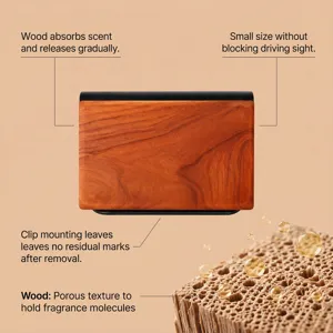 Car air freshener wooden clip detail showing porous texture and gradual scent release mechanism.