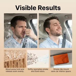 Wooden car air freshener clip detail showing natural wood pores and easy clip visor mount.