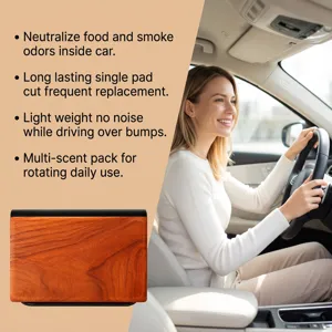 Car air freshener detail showing wood grain design and clean car interior scent performance.