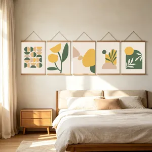 Nordic abstract geometric scroll wall art set, modern botanical canvas hanging painting for bedroom decor.