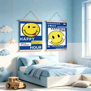 Kleinblau Cartoon gelbes Smiley Gesicht Leinwand Rolle Malerei Kinderzimmer Wand Dekor