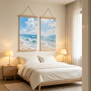 Conjunto de cuadros colgantes texturizados de olas de mar para dormitorio, detalle decoración.
