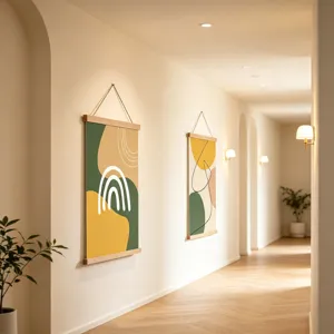 Nordic abstract geometric canvas scroll painting detail in hallway decor, wooden hanging frame.