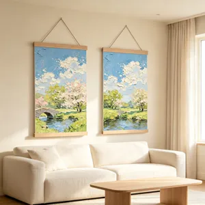 Pintura decorativa de rollo de paisaje de primavera con textura y marco de madera para salón