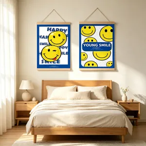 Kleinblaues Cartoon gelbes Smiley-Gesicht Leinwand Rolle Malerei Kinderzimmer Wandkunst