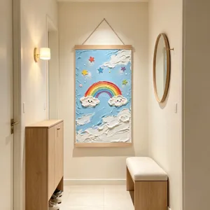 Vista detallada del bonito tapiz de pared texturizado de arco iris en un pasillo moderno.