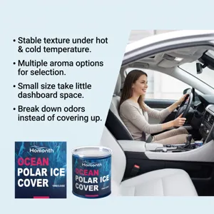 Car air freshener detail showing ocean scent gel canister and dashboard placement scene.