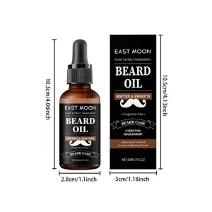 Detail view of East Moon beard oil glass bottle and black package box with dimensions.