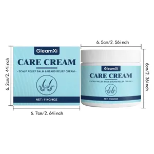 GleamXi scalp and beard care cream jar and packaging box with clear dimension markers.