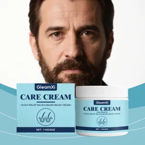 Detailed close-up shot showing the scalp and beard relief cream jar and outer packaging.