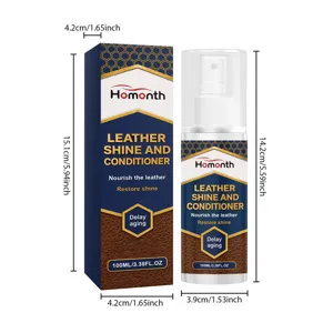 Detail view of HOMONTH leather shine and conditioner spray bottle with dimension measurements.