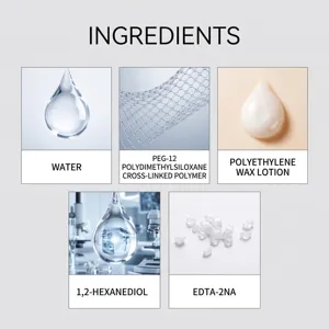 Detailed ingredients graphic showing water, wax lotion, and polymers for leather care agent.