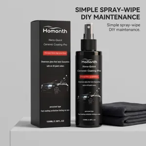 Vista detallada del frasco de spray de revestimiento cerámico nano con caja y paño.