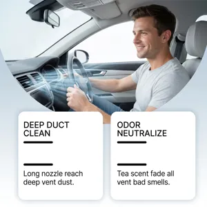 Car AC cleaner spray detail view showing deep vent cleaning and green tea odor neutralization.