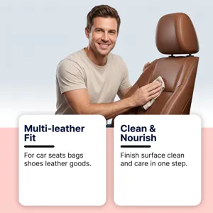 Detail view showing leather care agent cleaning and nourishing brown car seats effectively.
