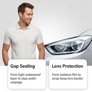 Detalle del sellador de faros de coche que muestra sellado de huecos y protección de lentes.