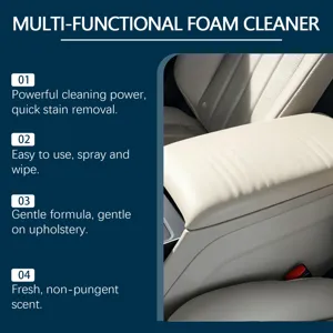Detail shot of multi-functional foam cleaner for car interior leather seats and upholstery.
