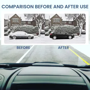 Detail view of car snow removal device showing ice clearing comparison and in-car driving angle.