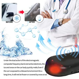 Electromagnetic car snow removal device detail view showing melting snow effect and molecules.