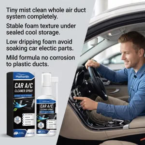 Car A/C cleaner spray detail shot showing foam texture and in-car application scene