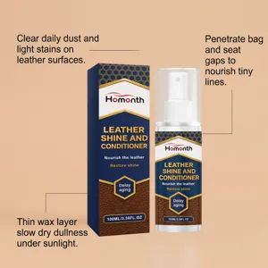 HOMONTH leather shine and conditioner spray detail showing bottle, box and features.