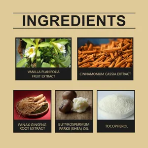 Graphique détaillé des ingrédients avec vanille, cannelle, ginseng, karité et tocophérol.