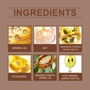 Beard care oil key natural ingredients display chart showing nourishing formula details.