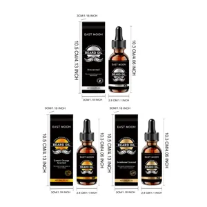 Detailansicht der East Moon Herren Bartöl Flaschen und Verpackungen mit genauen Produktmaßen.