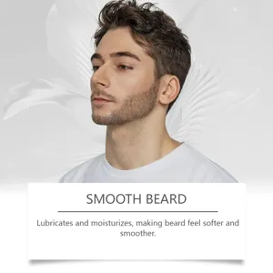 Detail view of male beard care essential oil, showing moisturizing and softening effects.