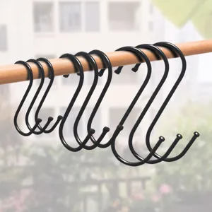 Durable black metal S hooks for wardrobe and kitchen storage, versatile S-shaped hanging utility hooks.