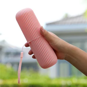 Portable travel toothbrush case pink vertical stripe cup toothbrush storage box holder