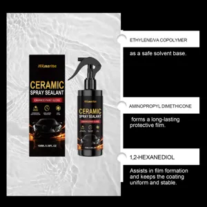 Vista detallada del frasco de spray cerámico para coche Hikmarion 100ml con ingredientes.