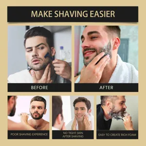 Détail de savon à raser pour hommes avant et après rasage, mousse riche et peau douce.