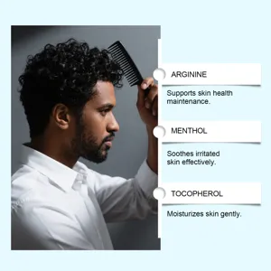 Scalp and beard care cream detail showing key ingredients like arginine, menthol, and tocopherol.