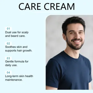 Scalp and beard care cream detail showing gentle formula, soothing skin and daily use benefits.
