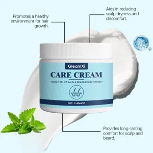 GleamXi scalp and beard relief cream detail showing nourishing texture and soothing herbal care.