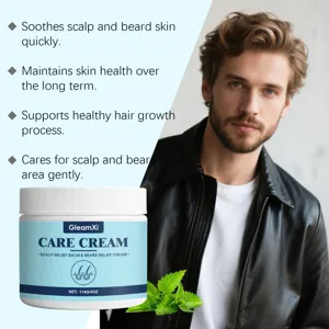 Detailed view of soothing scalp and beard cream in jar with model and mint leaf props.