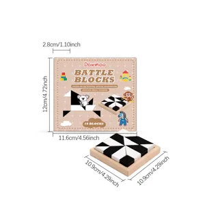 Detailed view of wooden logic puzzle blocks, black and white geometric shapes with tray.