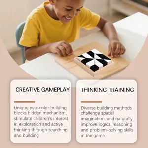 Wooden puzzle toy detail, black and white building blocks for kids spatial logic training.