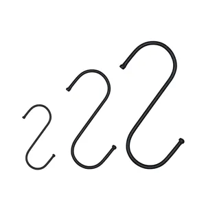 Detailed view of three different sizes of black metal S hooks, perfect for kitchen and wardrobe.