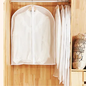 Transparent garment dust cover for hanging clothes, zipper suit storage bag wardrobe organizer.