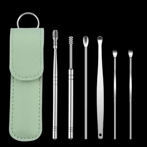 Stainless steel ear pick 6 piece set with portable green leather case ear cleaning tool kit